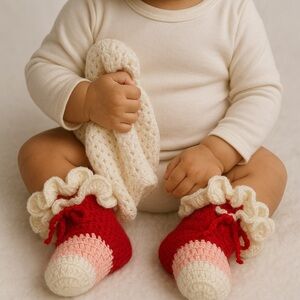 Handmade Crochet Baby Booties – Red, Cream & Peach | Soft 6–9 Month Baby Shoes